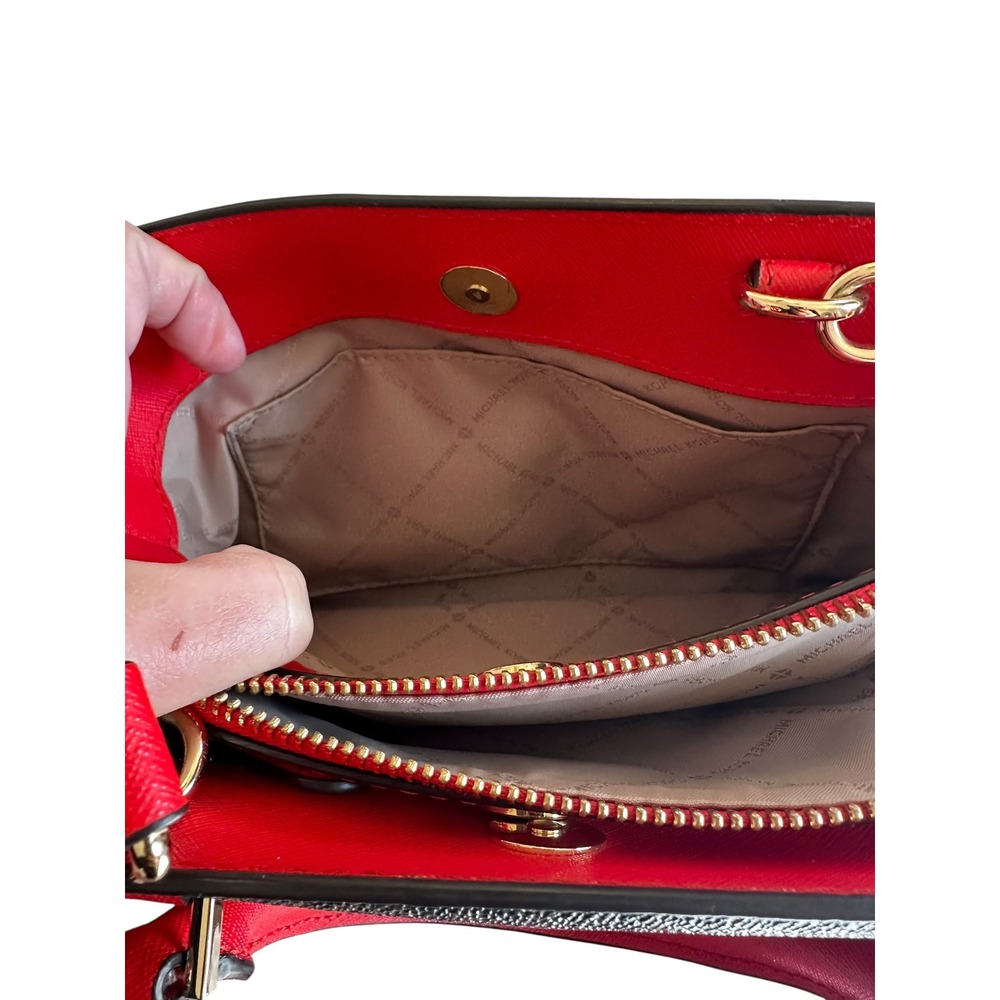 Michael‎ Kors Signature Monogram Dome Satchel Crossbody Bag Red Leather Trim - Picture 4 of 8